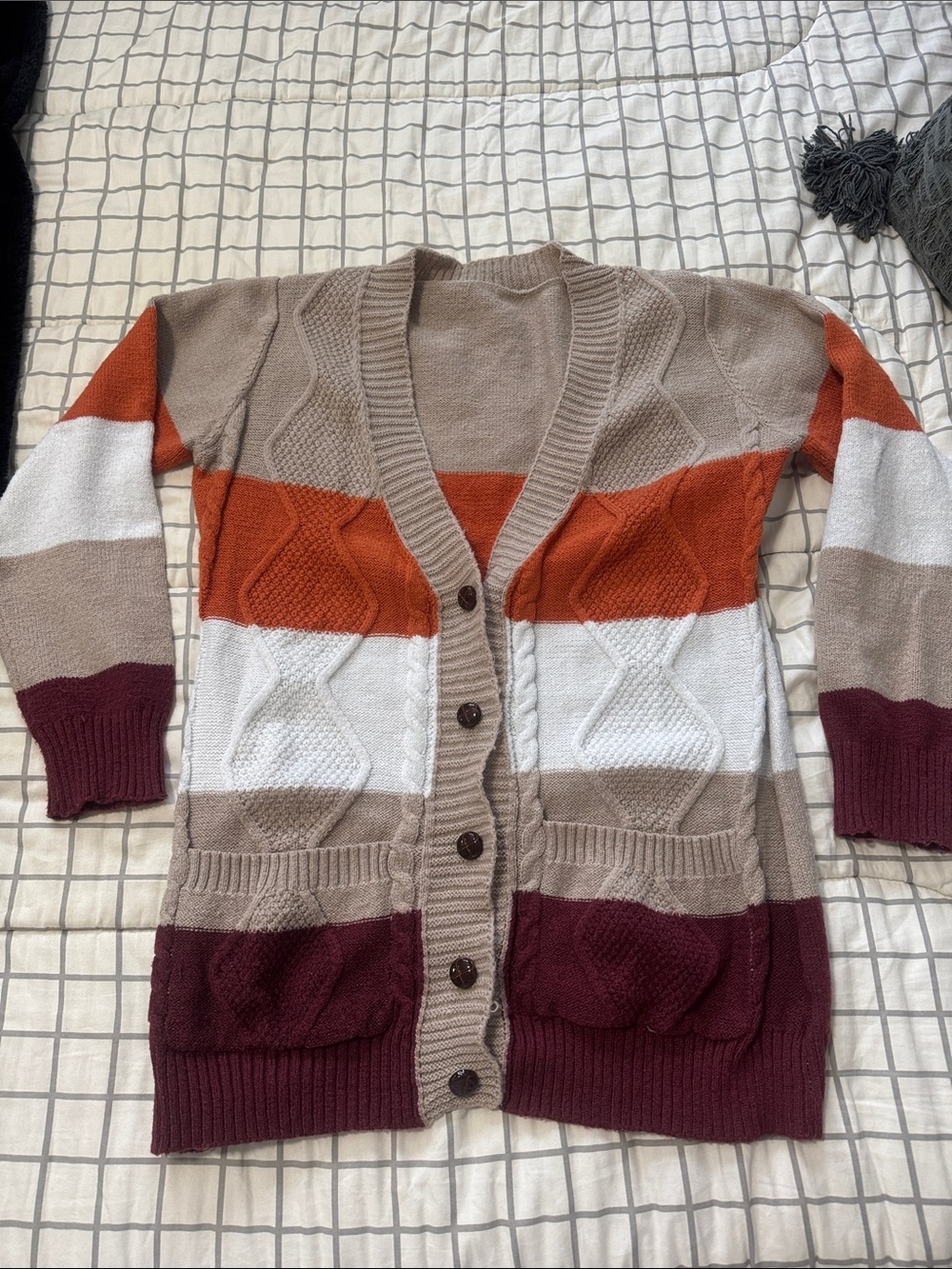 Women’s Colorblock Knit Button-Up Cardigan - Tan, Rust, White & Burgundy